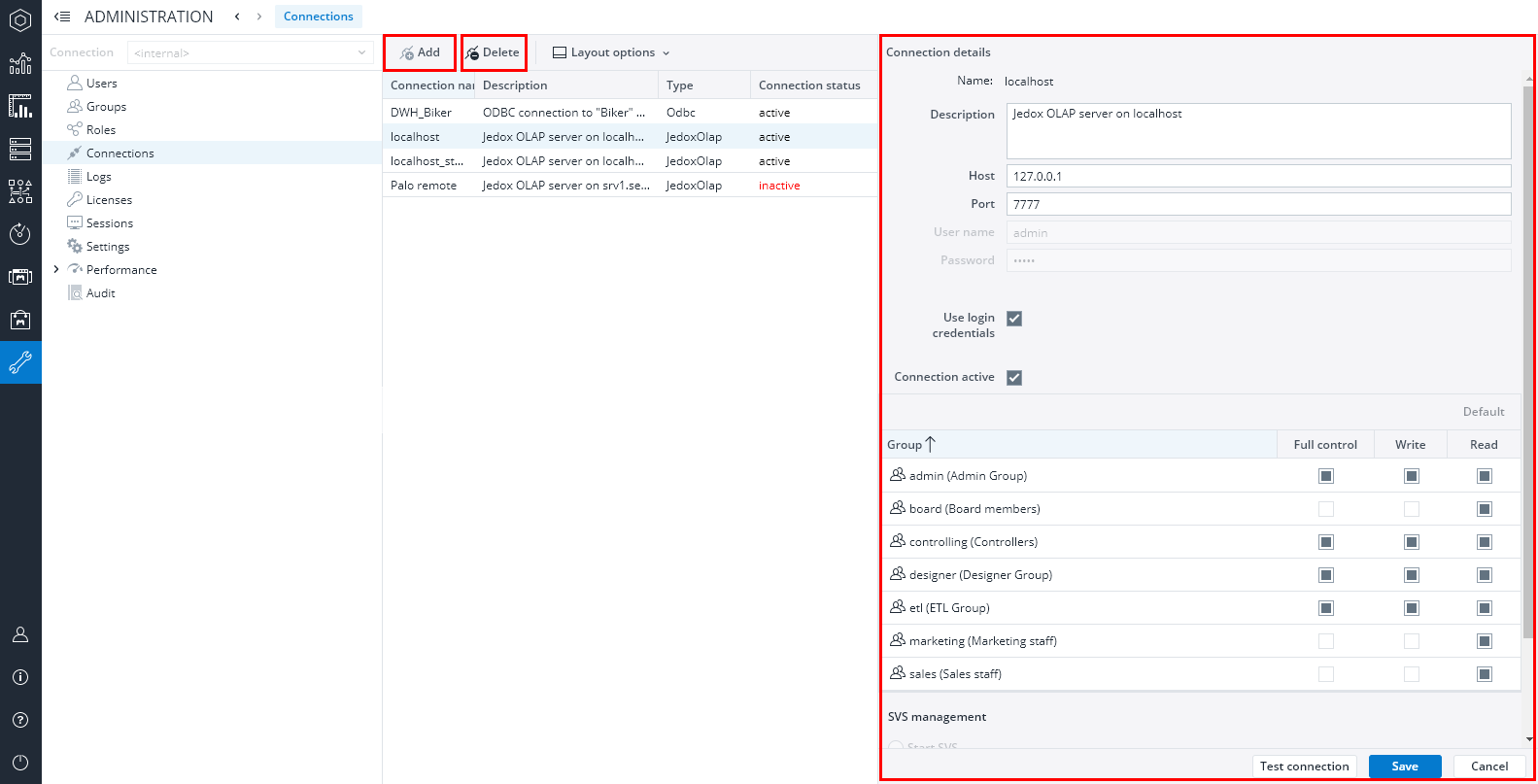 Screenshot of Modul Administration, there the  section  Connections with buttons "Add", "Delete" and dialog "Connections details"